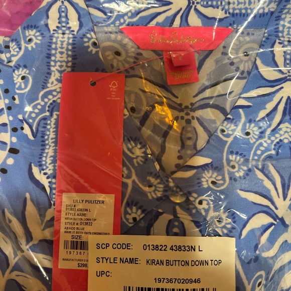 LILLY PULITZER KIRAN BUTTON DOWN SILK BLUE PRINTED BLOUSE SIZE LARGE - Picture 10 of 11